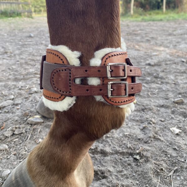 Protégez les membres de votre cheval avec nos protèges boulets en cuir, fabriqués à la main dans notre atelier. Réalisés en cuir de vache français (collet) avec un tannage végétal, ces protections en couleur havane allient confort et élégance. En optant pour ce produit, vous soutenez l’artisanat français et une consommation responsable.